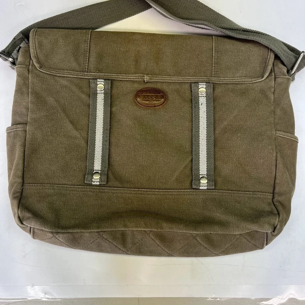 Fossil Olive Green Canvas Messenger Bag Crossbody Satchel Buckle Utility Unisex